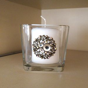 New Square Glass Embellished Candle Holder with New Candle Included